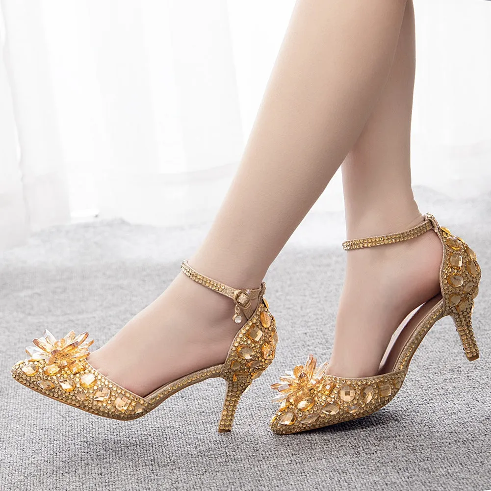 7 cm Stiletto Pointed Crystal Glass Flower Sandals