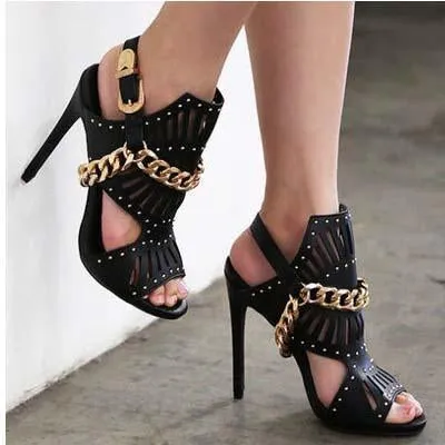 Black Chain High Heel Peep Toe Sandals