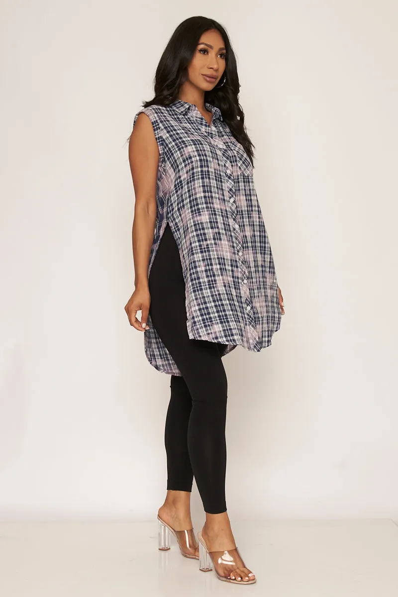 Bleached Plaid Sleeveless Button Down High Low Top with Spread Collar and (15547)