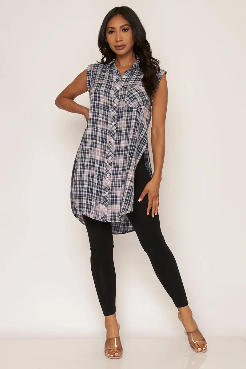 Bleached Plaid Sleeveless Button Down High Low Top with Spread Collar and (15547)