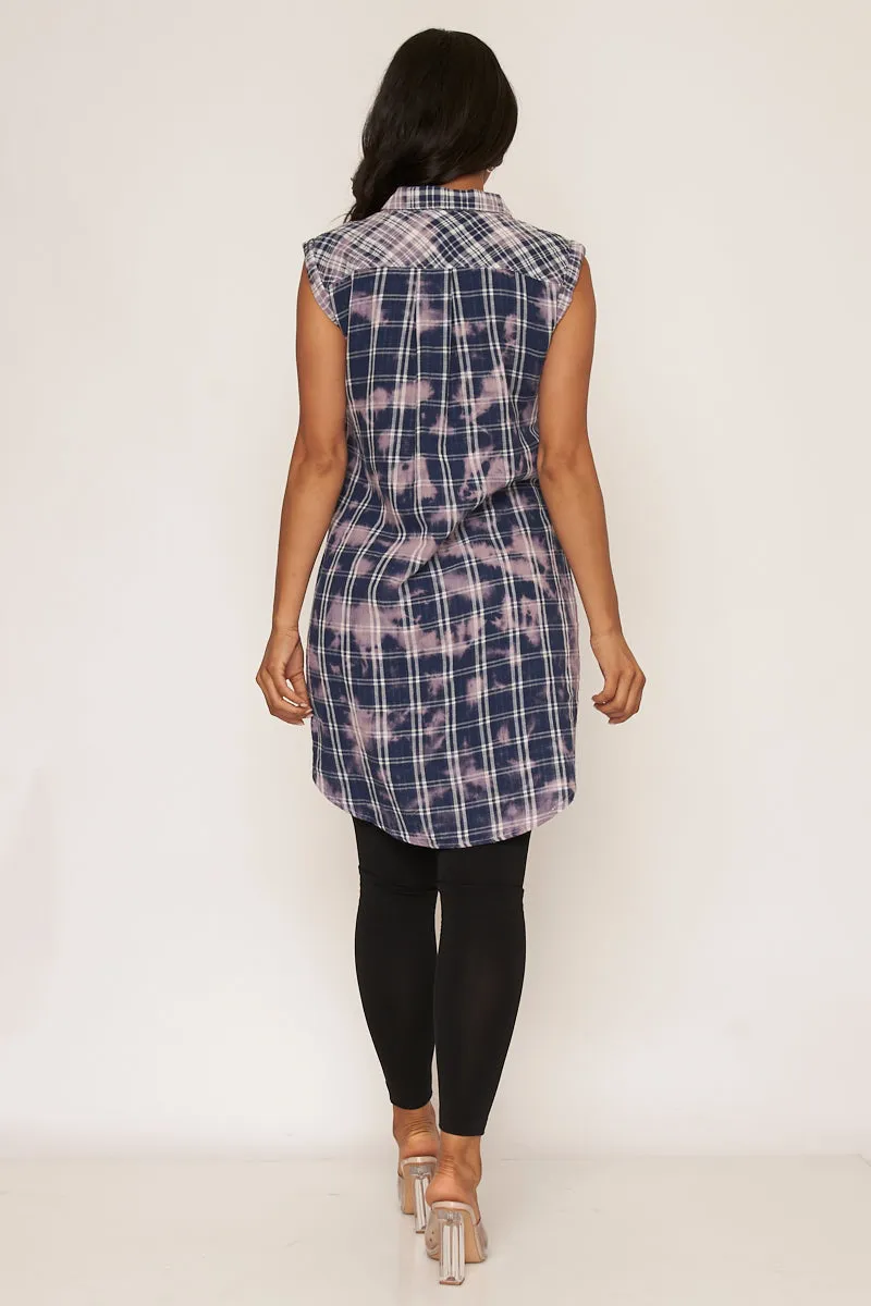 Bleached Plaid Sleeveless Button Down High Low Top with Spread Collar and (15547)