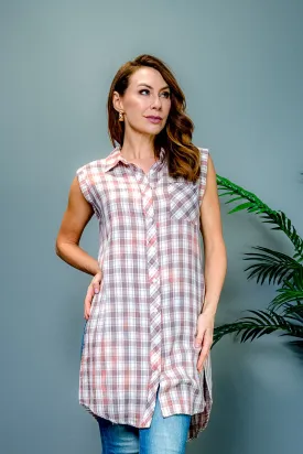 Bleached Plaid Sleeveless Button Down High Low Top with Spread Collar and (15547)