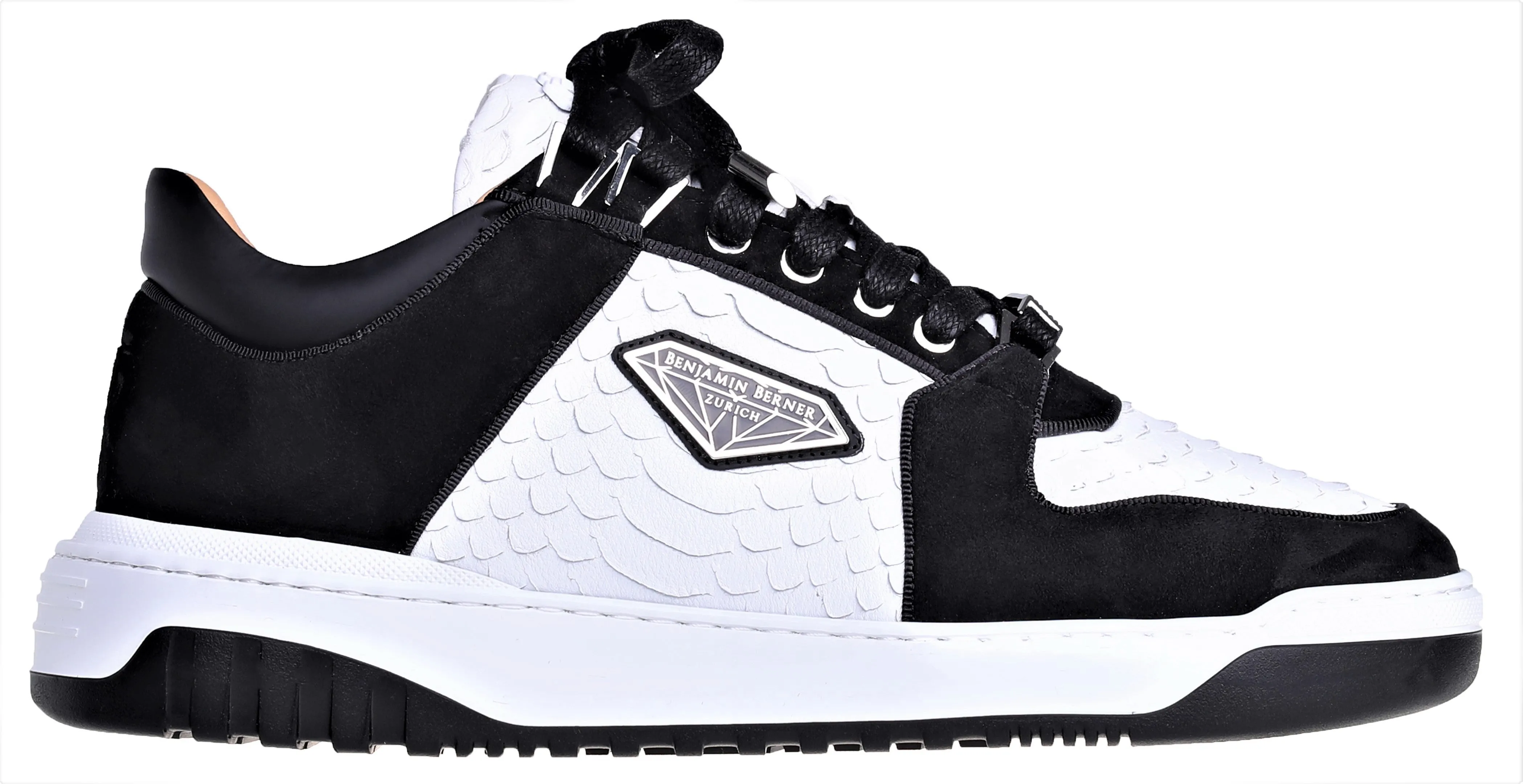BNJ SIGMA Low-Top WHITE PYTHON CUT NAPPA-BLACK VELVET SUEDE