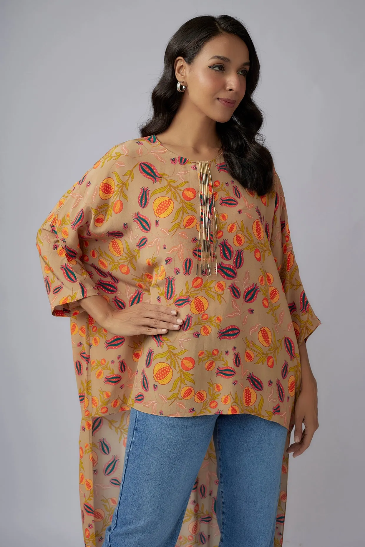 Brown Printed Crepe High Low Top