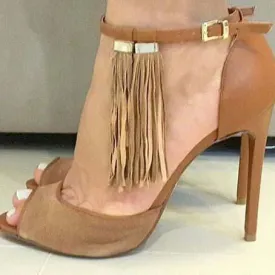 Brown Suede High Heel Fringe Sandals