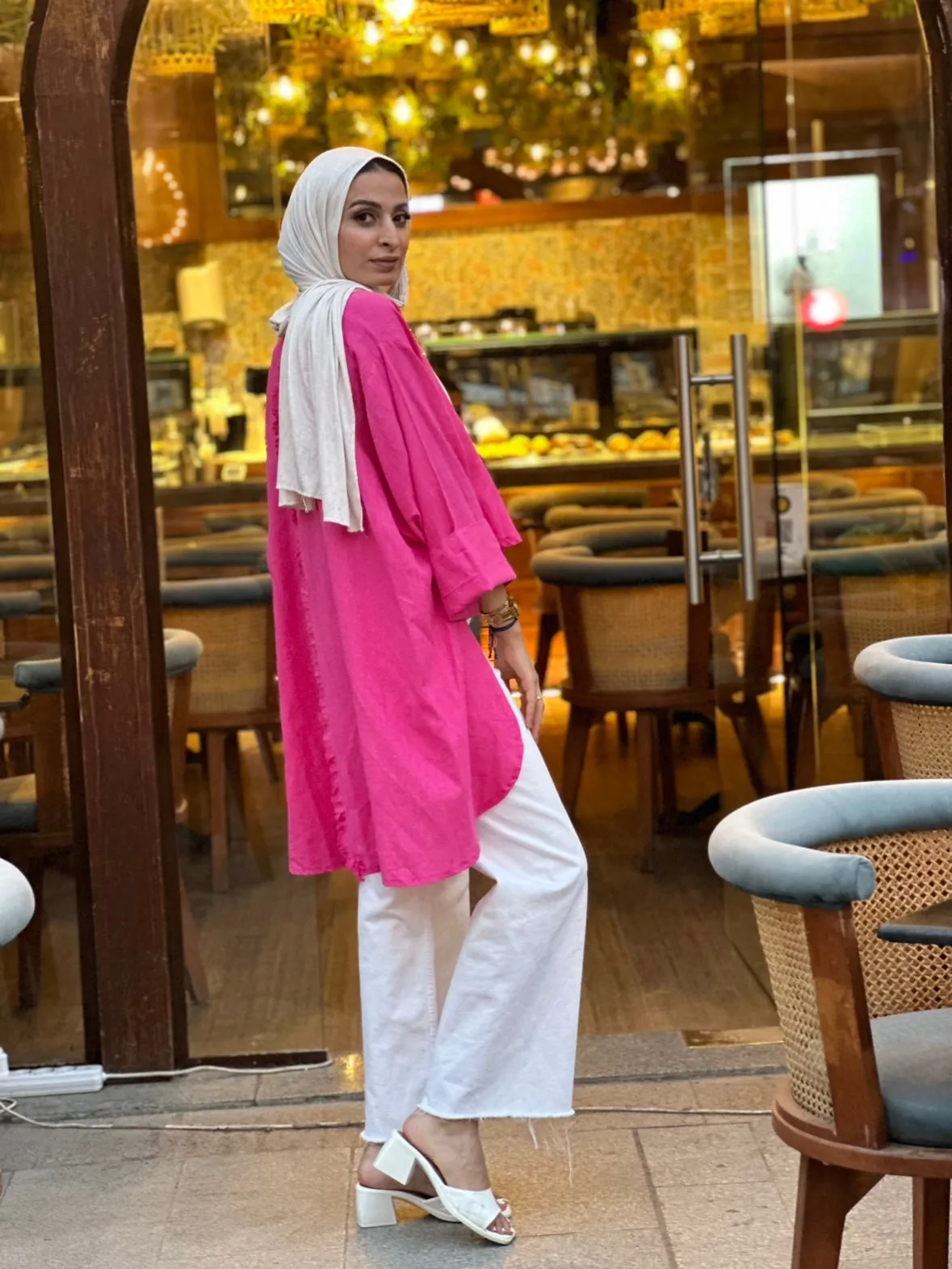 Fushia High Low Linen Top