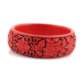 Handmade Chinese Carved Lacquer Floral Bangle Bracelet 1"