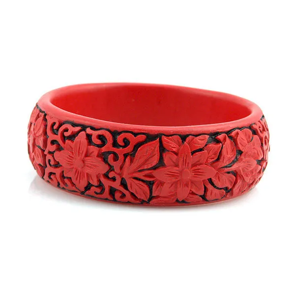 Handmade Chinese Carved Lacquer Floral Bangle Bracelet 1"