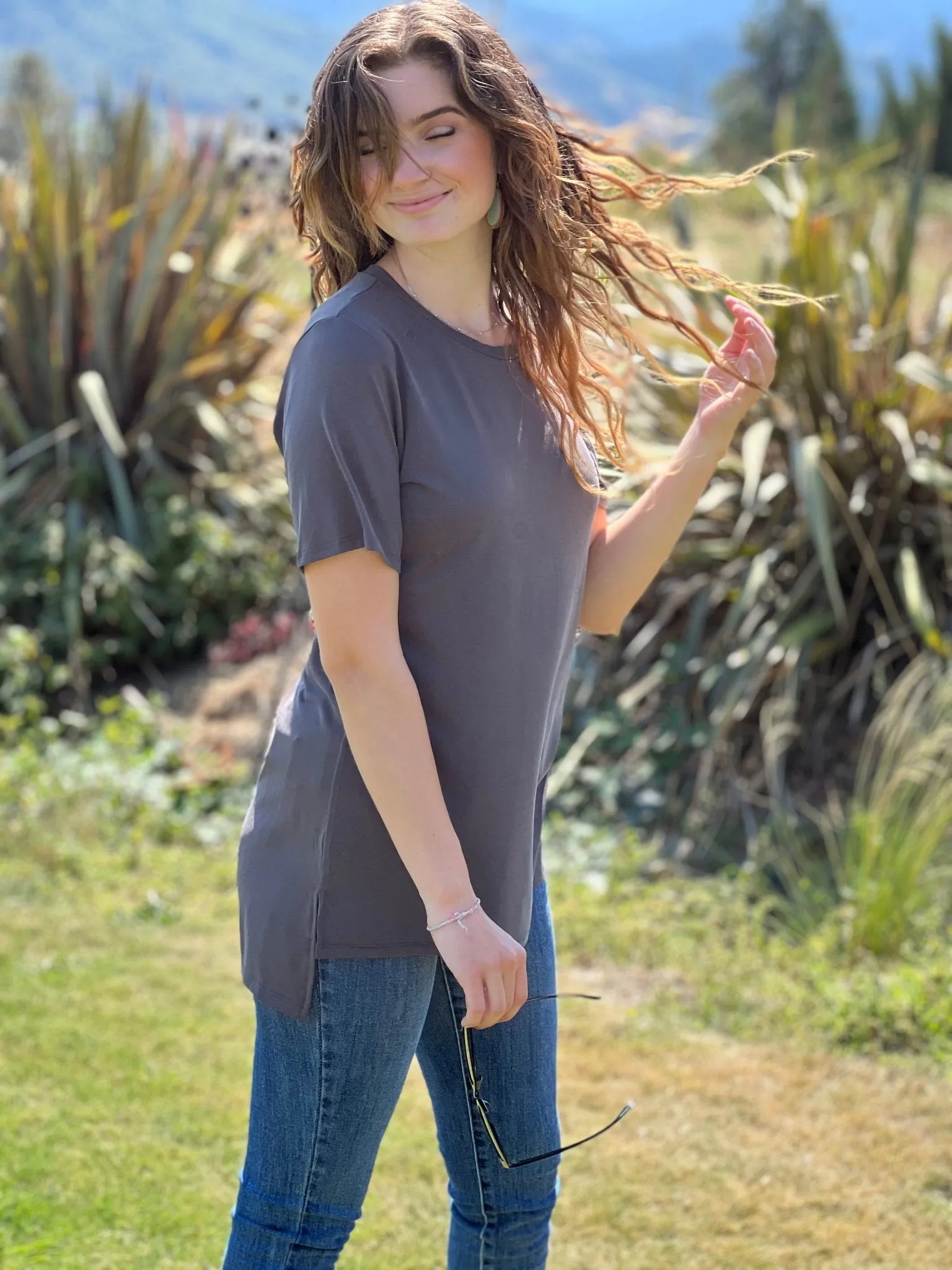 Hi-Low Short-Sleeve Top - Ash Grey, Bone, Black