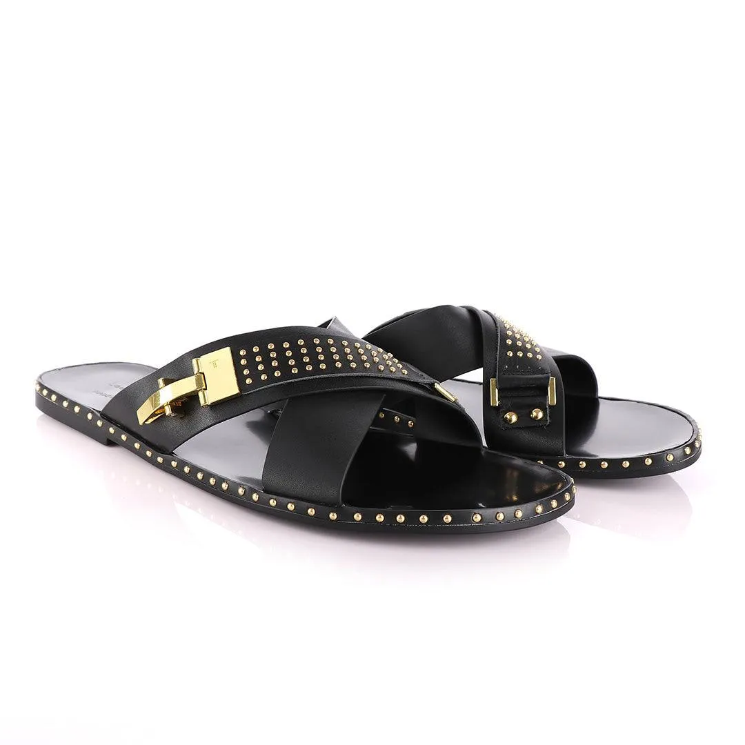 Louis Leeman Gold Ski Buckle Black Slippers