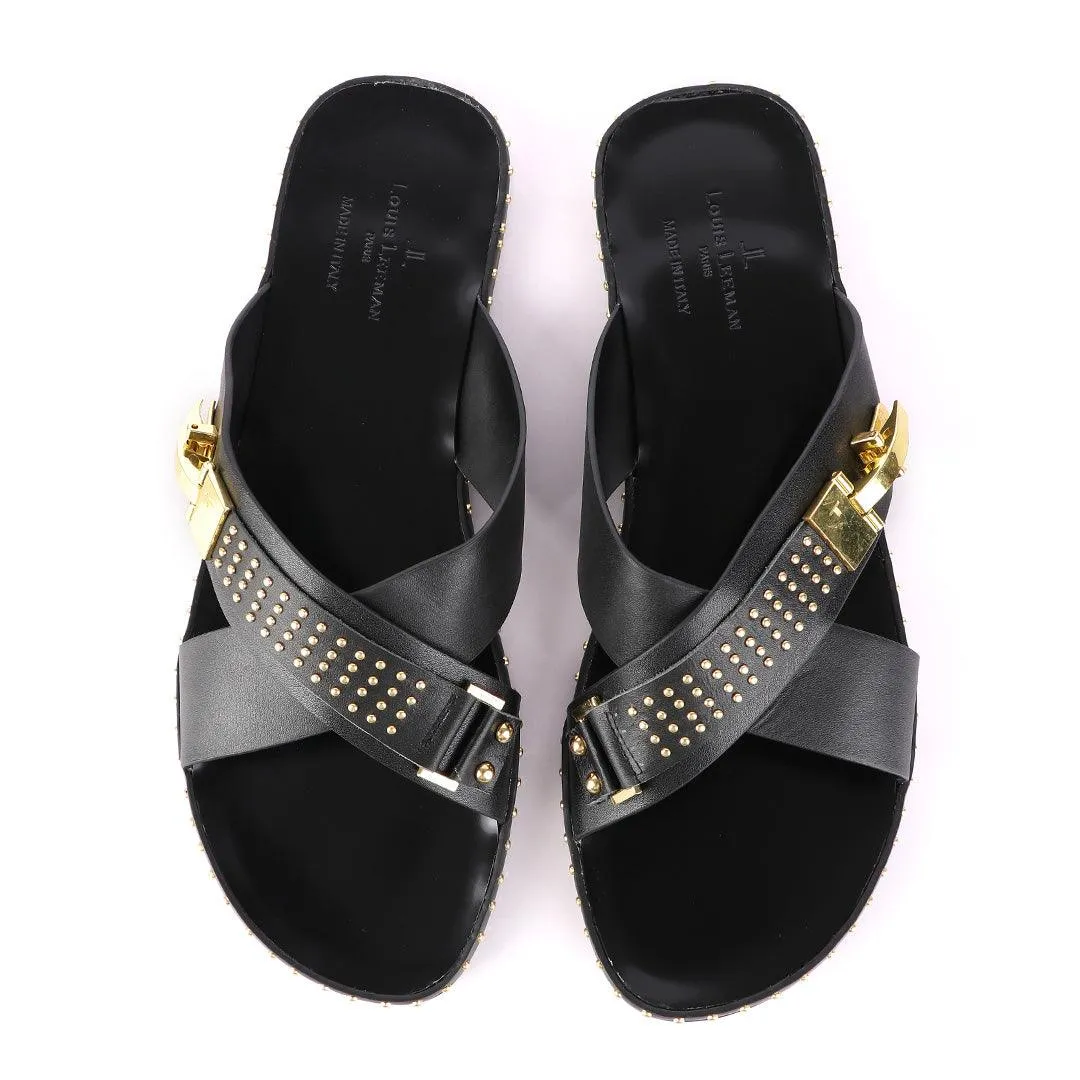 Louis Leeman Gold Ski Buckle Black Slippers