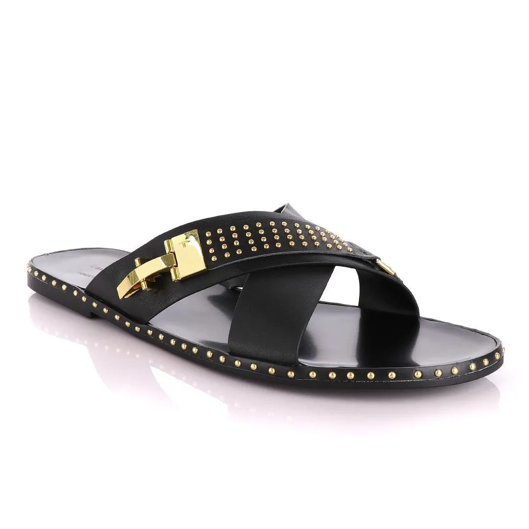 Louis Leeman Gold Ski Buckle Black Slippers