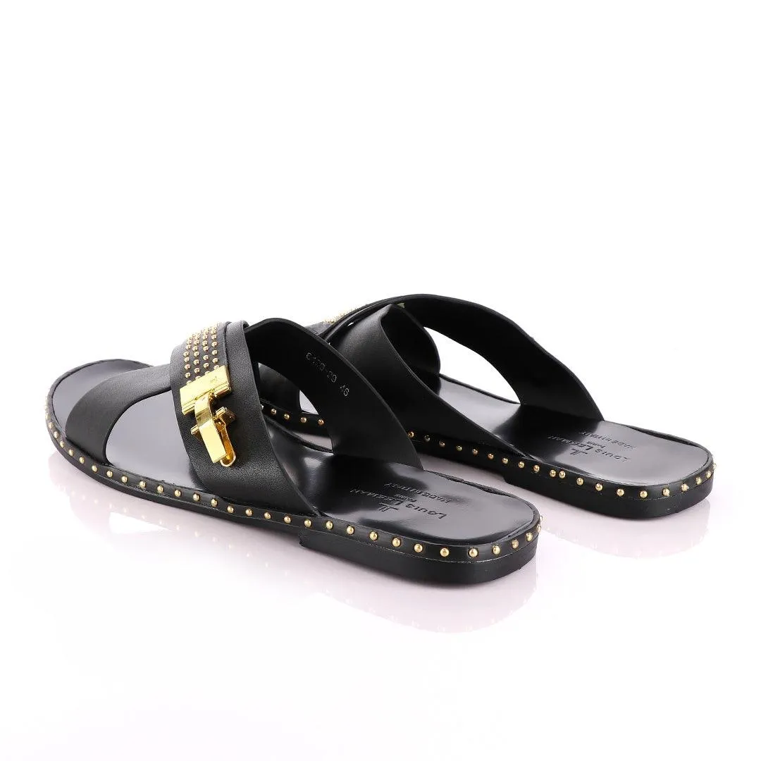 Louis Leeman Gold Ski Buckle Black Slippers