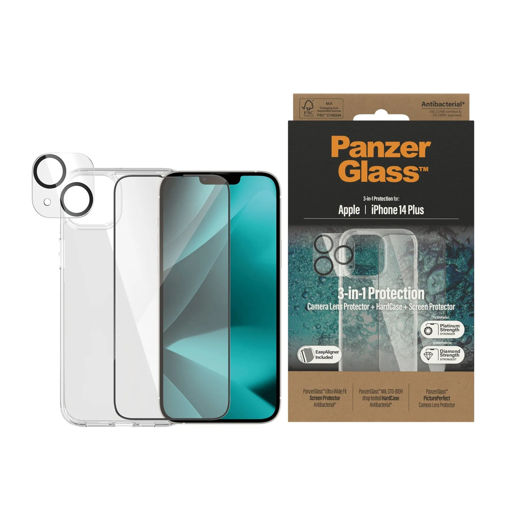 [OPEN BOX] PANZERGLASS iPhone 14 Plus - 3-in-1 Bundle - ClearCase   Screen Protector   Camera Lens Protector - Clear