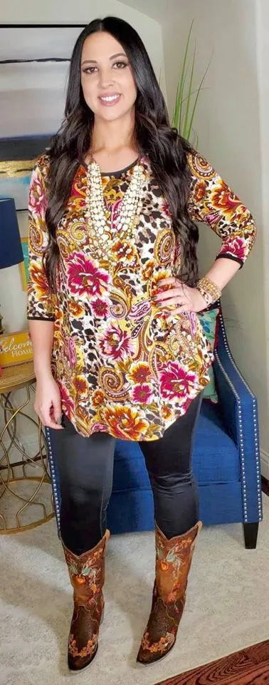 S, M, L  : Magenta Floral & Leopard Scoop Tunic
