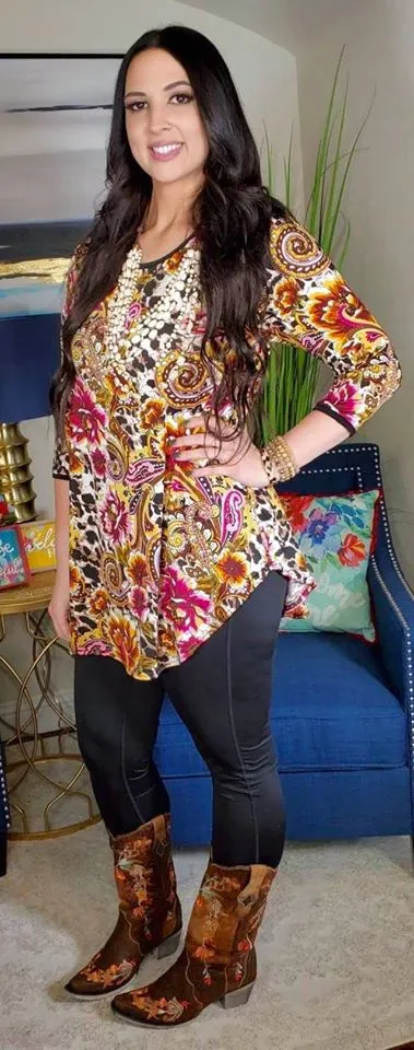 S, M, L  : Magenta Floral & Leopard Scoop Tunic