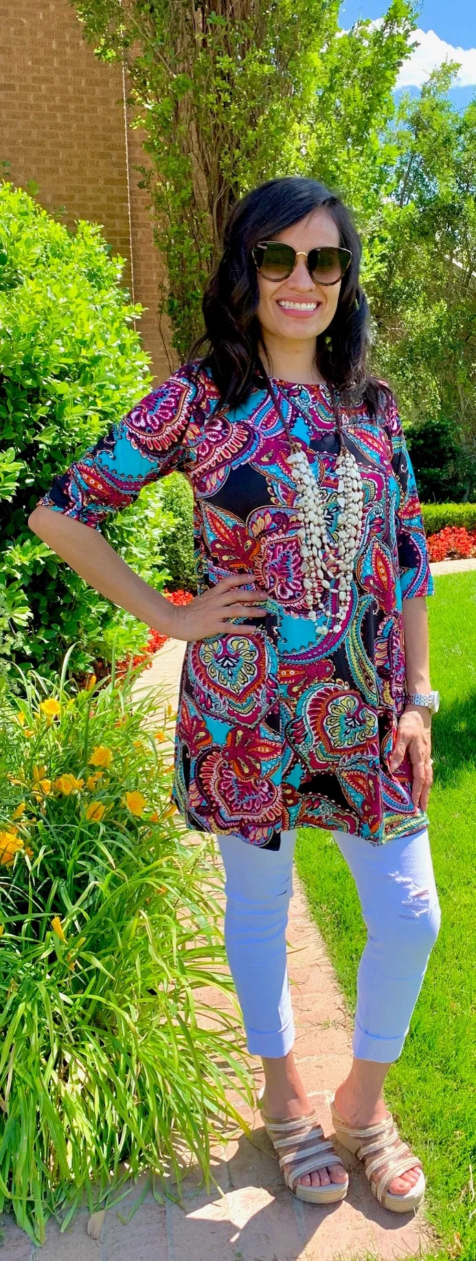 S,M,L : Black Multi Color Paisley Flutter Tunic