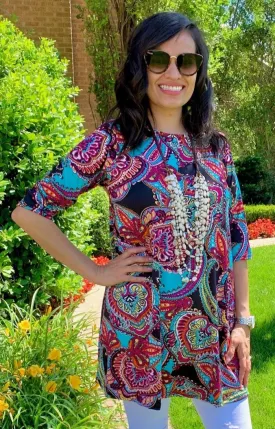 S,M,L : Black Multi Color Paisley Flutter Tunic