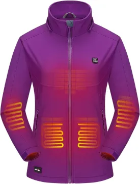 Soft Shell Heated Jacket for Women with 12V Battery Pack and Detachable Hood Outdoor Electric Heating Coat