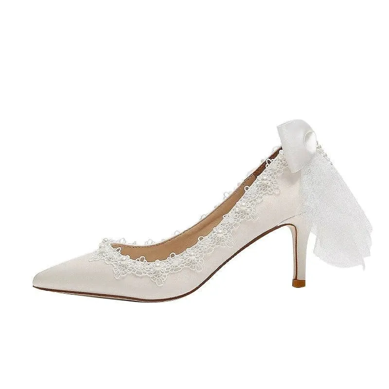 Stiletto Satin White Pearl Crystal Niche Wedding Shoes