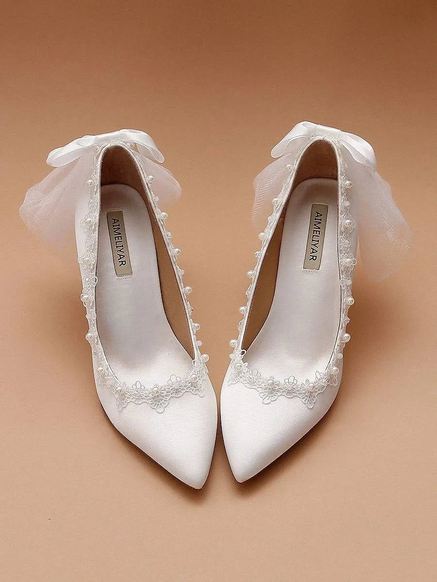 Stiletto Satin White Pearl Crystal Niche Wedding Shoes