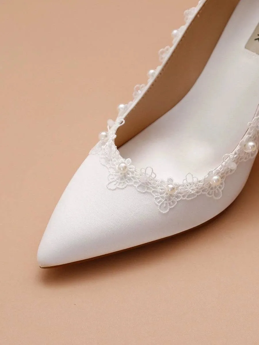 Stiletto Satin White Pearl Crystal Niche Wedding Shoes