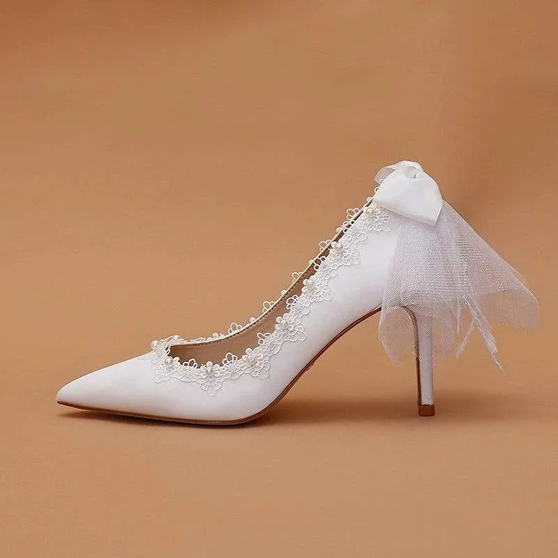 Stiletto Satin White Pearl Crystal Niche Wedding Shoes