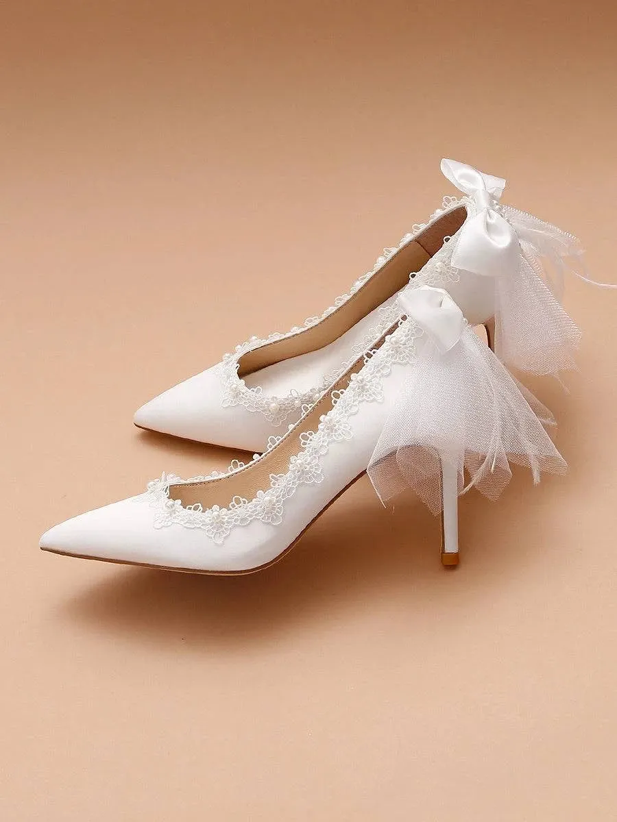 Stiletto Satin White Pearl Crystal Niche Wedding Shoes