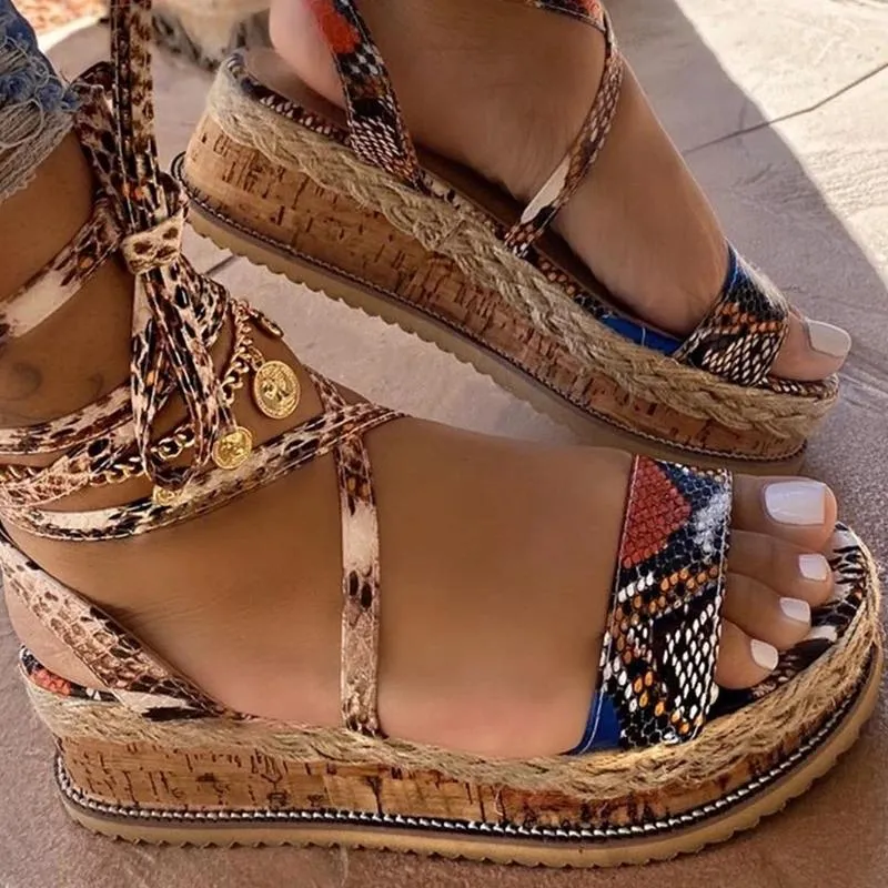 Women Snakeskin Lace Up Strappy Platform Sandals