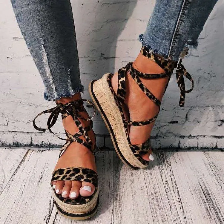 Women Snakeskin Lace Up Strappy Platform Sandals