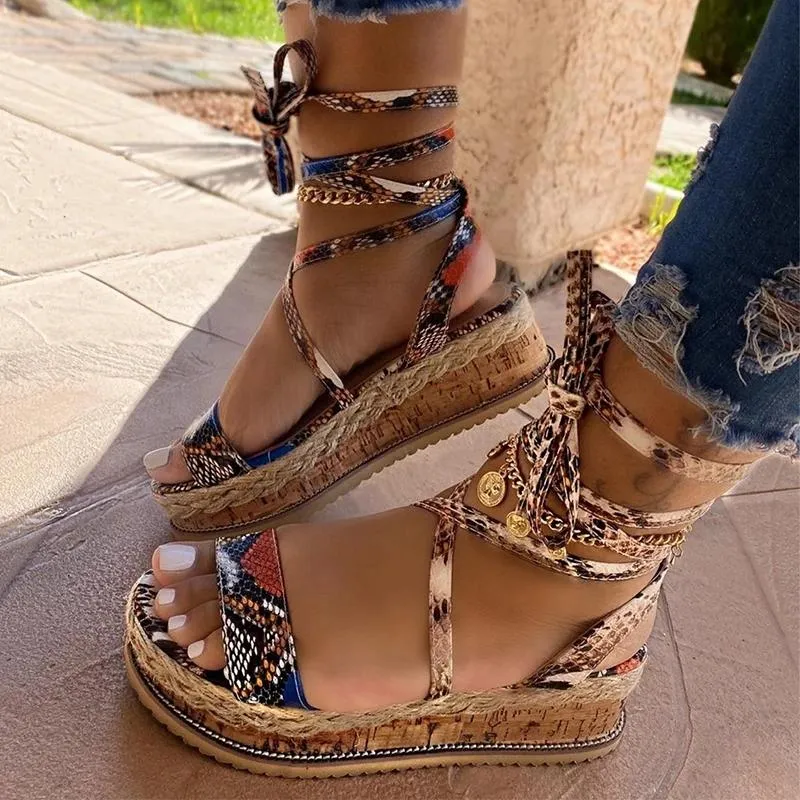 Women Snakeskin Lace Up Strappy Platform Sandals