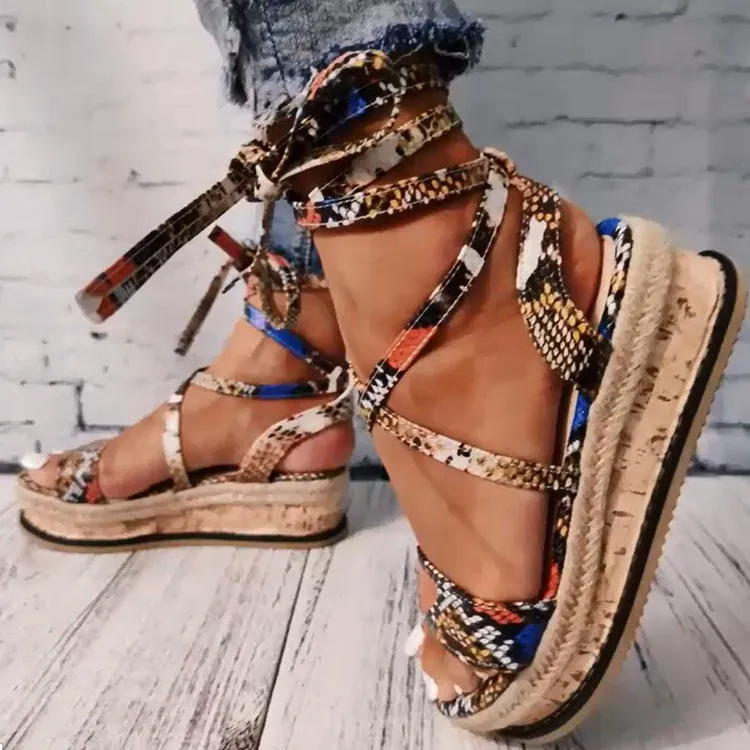 Women Snakeskin Lace Up Strappy Platform Sandals