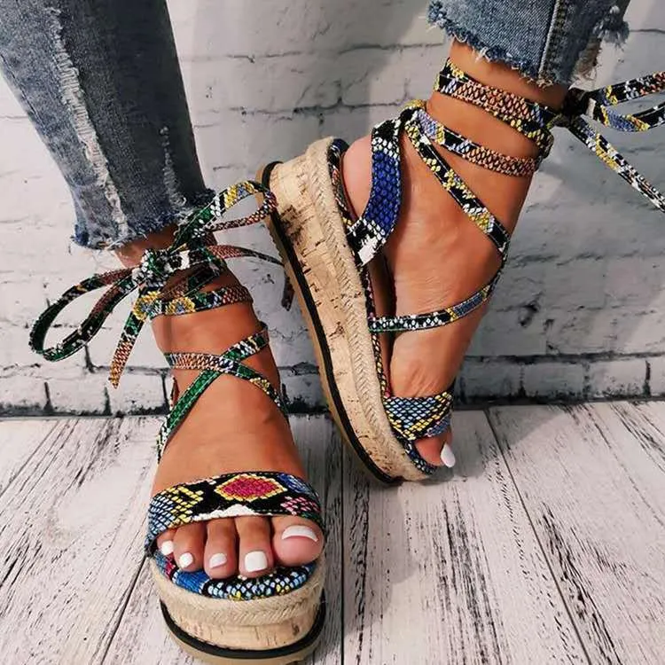 Women Snakeskin Lace Up Strappy Platform Sandals
