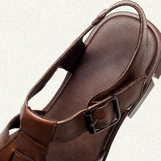 Women's Closed Toe Leather Flat Fisherman Shoes Sandals