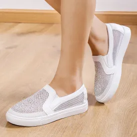 Women's rhinestone mesh hollow sneakers summer slip on casual shoes