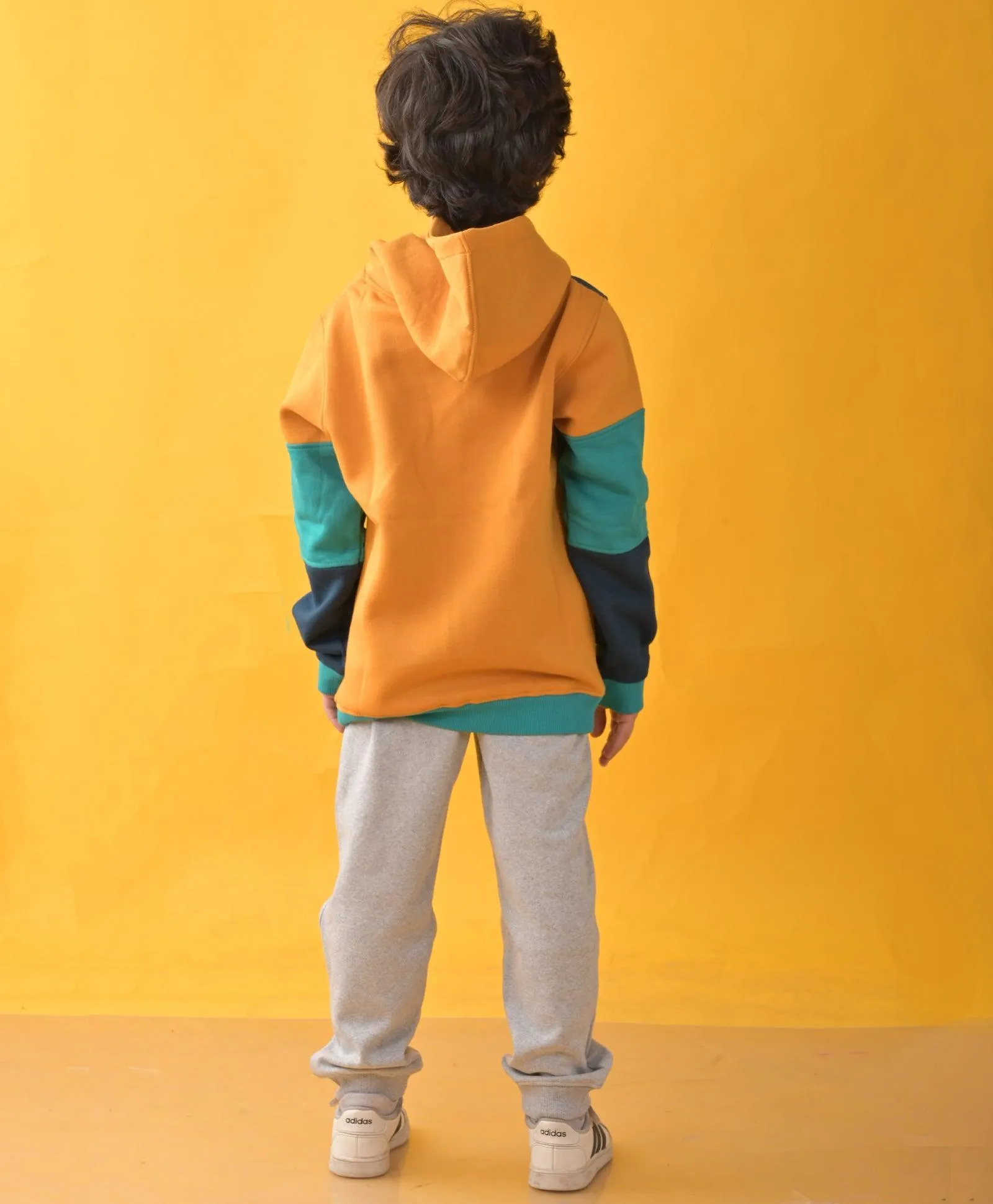 YELLOW GREEN BLUE COLOR BLOCK FLEECE HOODIE GREY JOGGER SET - YELLOW/GREY