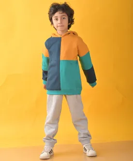 YELLOW GREEN BLUE COLOR BLOCK FLEECE HOODIE GREY JOGGER SET - YELLOW/GREY