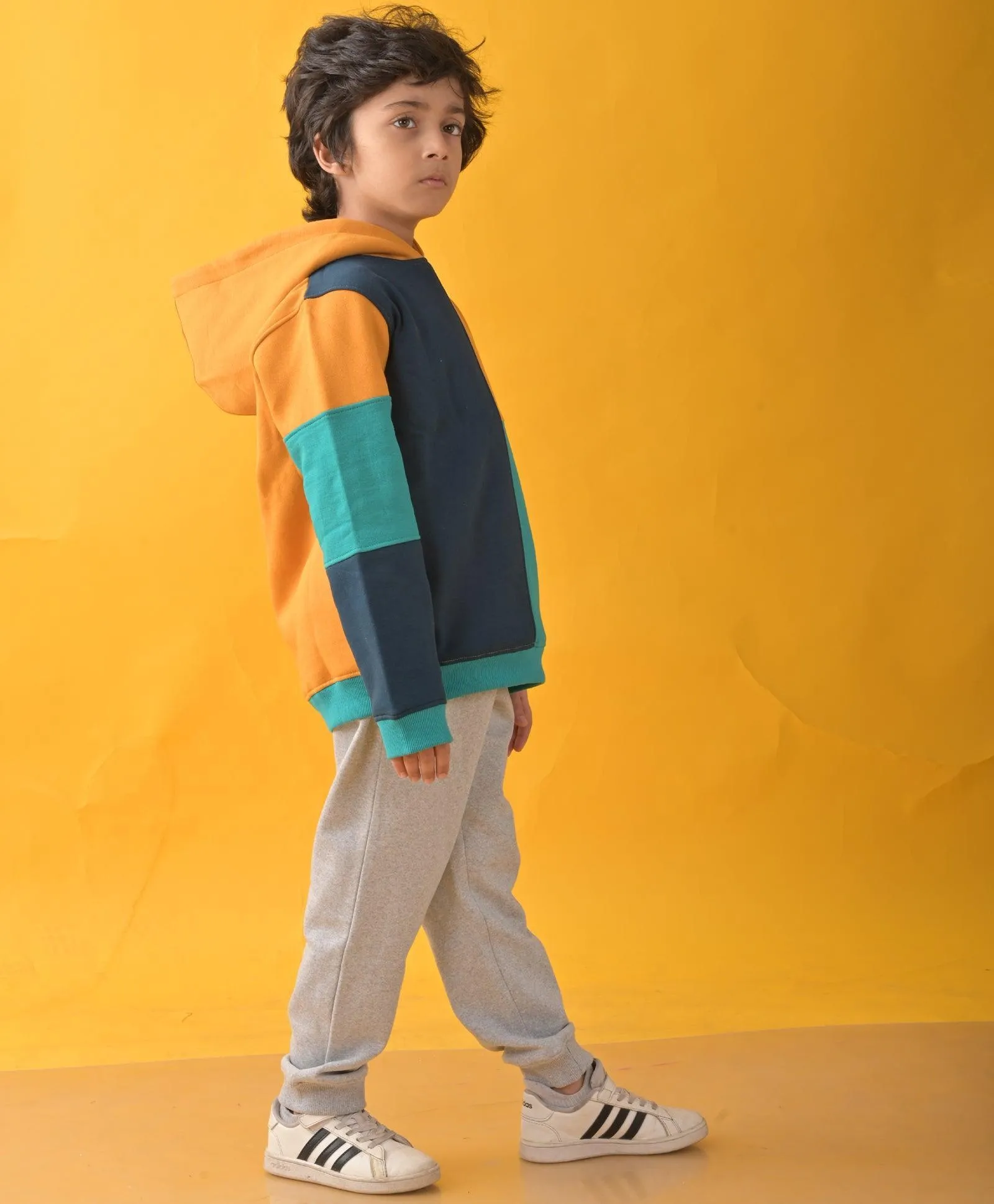 YELLOW GREEN BLUE COLOR BLOCK FLEECE HOODIE GREY JOGGER SET - YELLOW/GREY
